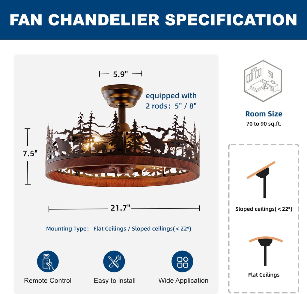 Farmhouse Ceiling Fan with Lights, 21.7" Vintage Rustic Fandelier