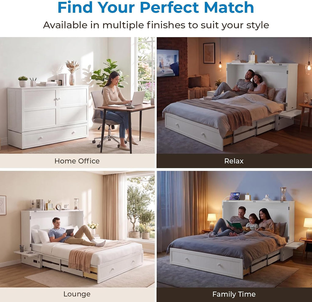 Murphy Bed Queen Cabinet Bed with Tri-fold Mattress and Built-in USB Charging, 2 Drawers, Bedside Panel, Hidden Guest