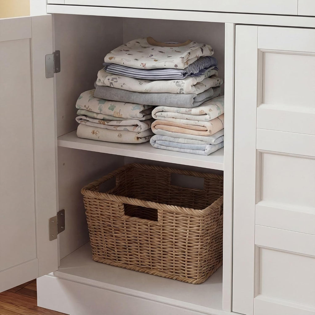 46" Baby Dresser with Changing Table Top, White Dresser with Storage Drawers and Doors , Multifunctional Nursery Baby