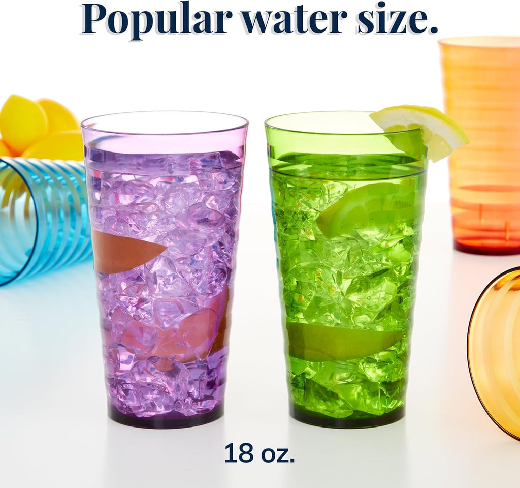 Splash [Set of 16] 18 ounce Plastic Stackable Water Tumblers in Jewel Tone Colors Value Set of Drinking Cups