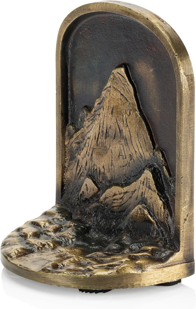 Cast Iron Mountain Bookends Set, Antique Brass Book Ends, 2 Decorative Book Holders for Shelves or Bookcase, Stylish