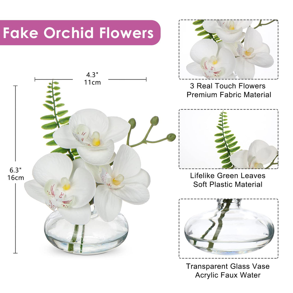 White Orchids Artificial Flowers Faux Orchids Arrangement in Clear Glass Vases Set of 3 Real Touch Phalaenopsis
