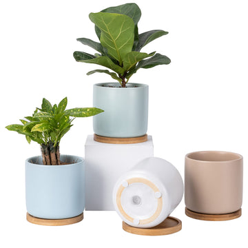Succulent Pots, 4 Inch Ceramic Planter Plant Pot with Tray, Drainage Hole & Mesh Pad for Indoor Flowers, Cactus