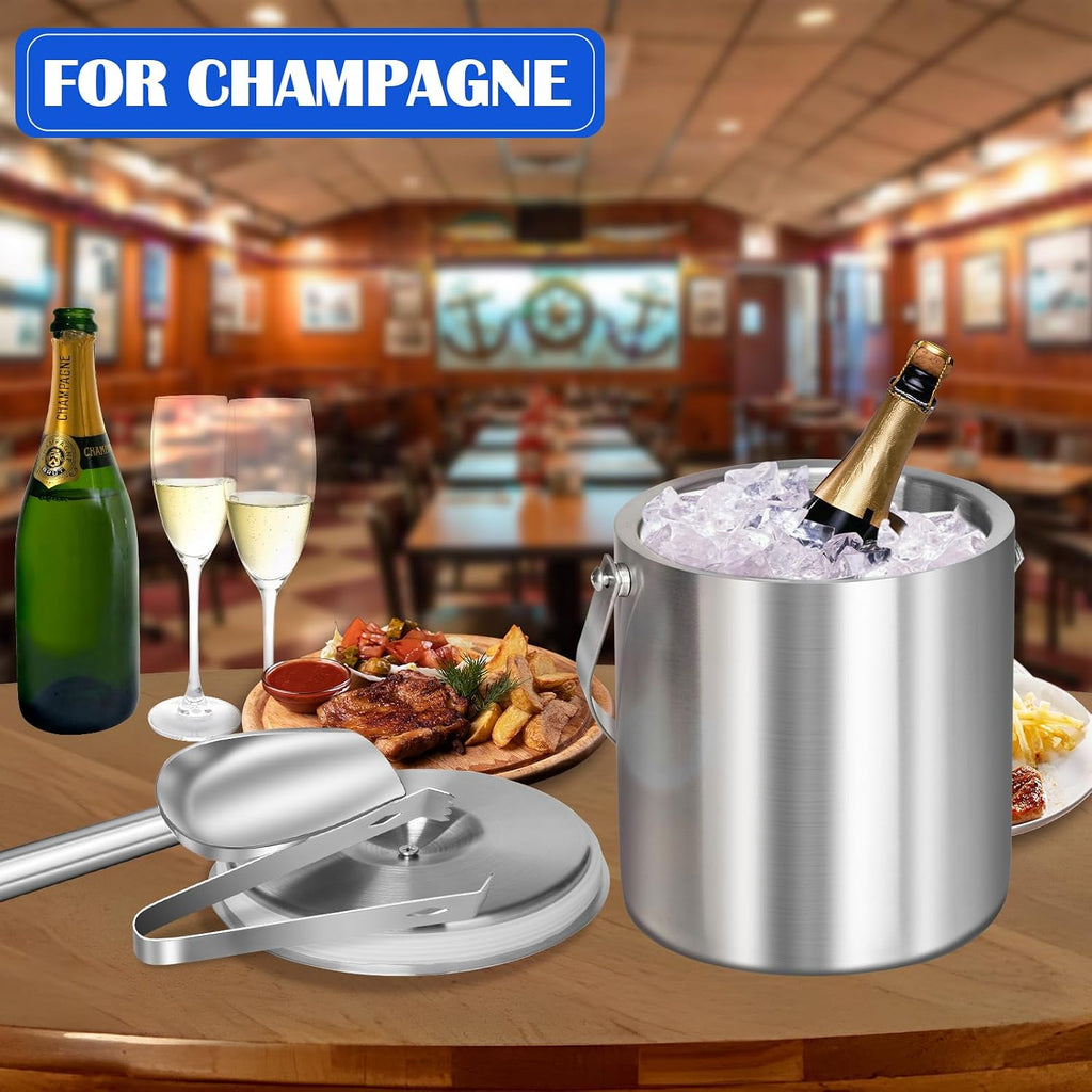 Ice Bucket with Lid & Tong- Well Made Insulated Stainless Steel Keep Ice Frozen Longer