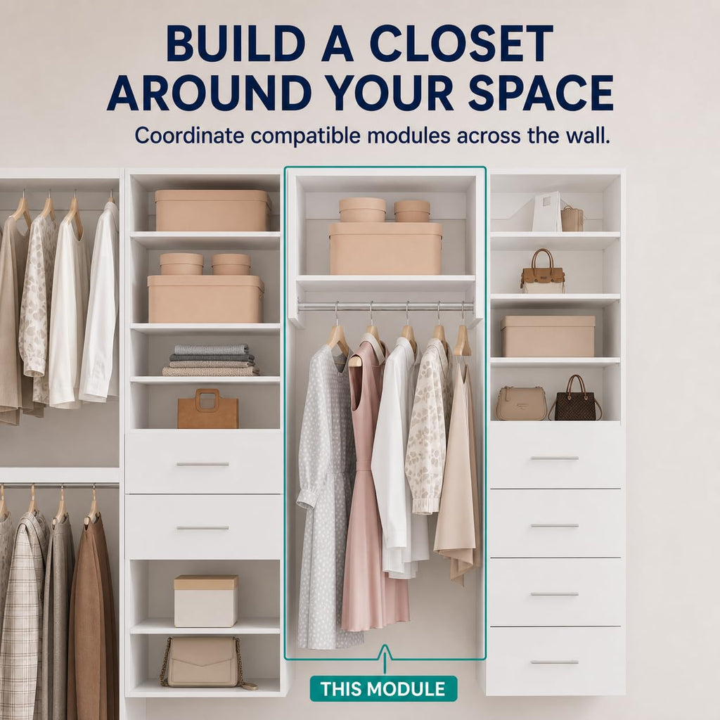 Wall-Mounted Wood Closet Organizer with Hanging Rod, 22.5", White