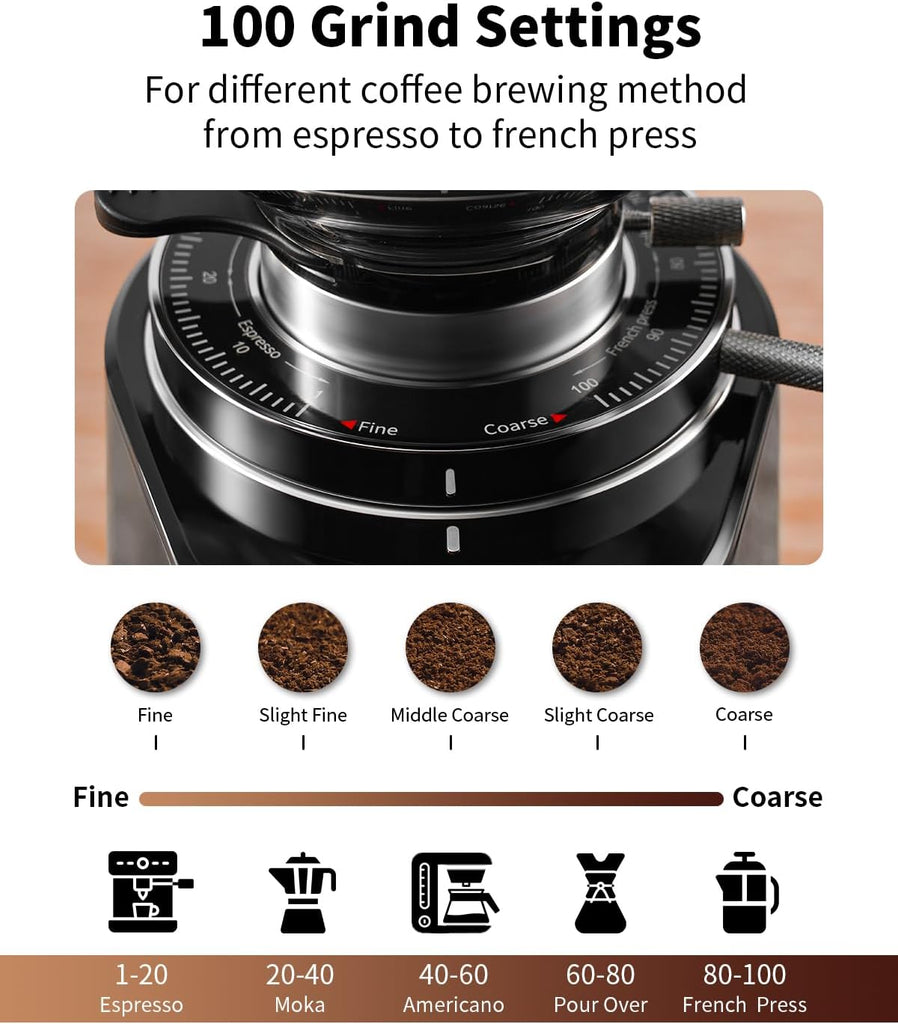 64mm Flat Burr Coffee Grinder, 100 Settings, Anti-Static, Black | Electric Bean Grinding, All-Metal Chamber