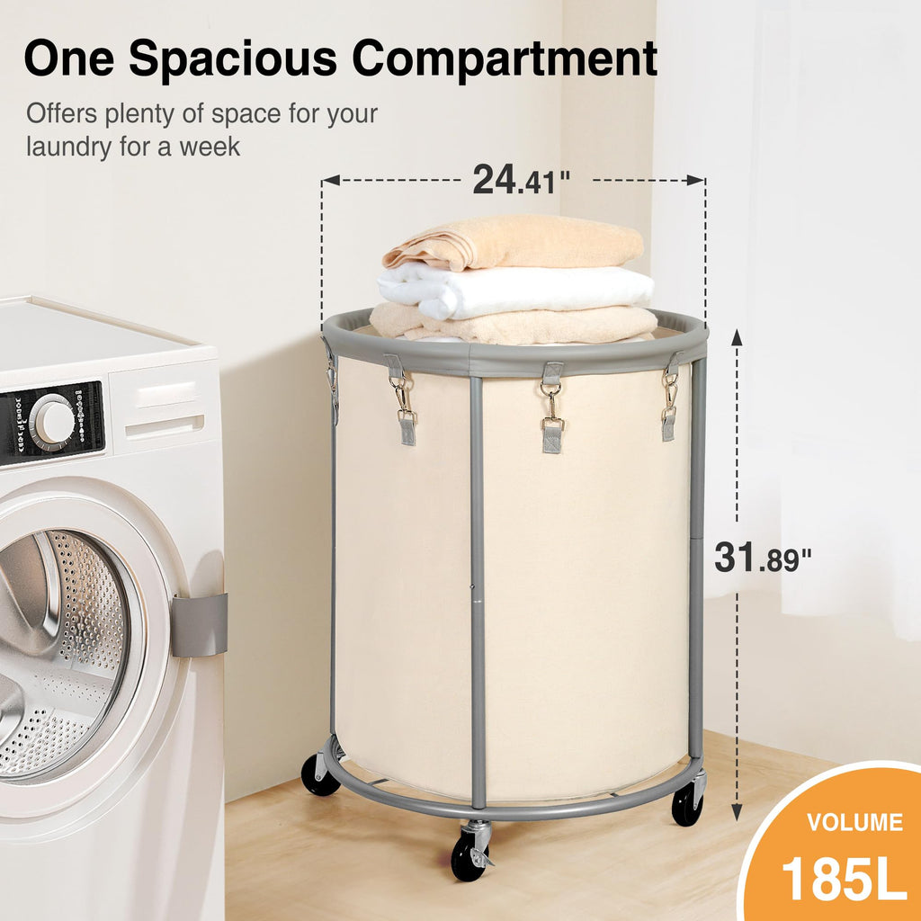 Rolling Laundry Hamper with Wheels - 185L (48 Gallon) Extra Large Industrial Clothes Laundry Basket with Removable
