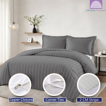 Dark Grey Striped - 2CM Duvet Cover Set Super 98x90 Size Certified Egyptian Cotton Luxury Soft & Breathable