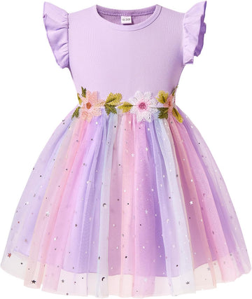 Tulle Dress Toddler Flutter Sleeve Tutu Dress Summer Flower Birthday Party Princess Dresses