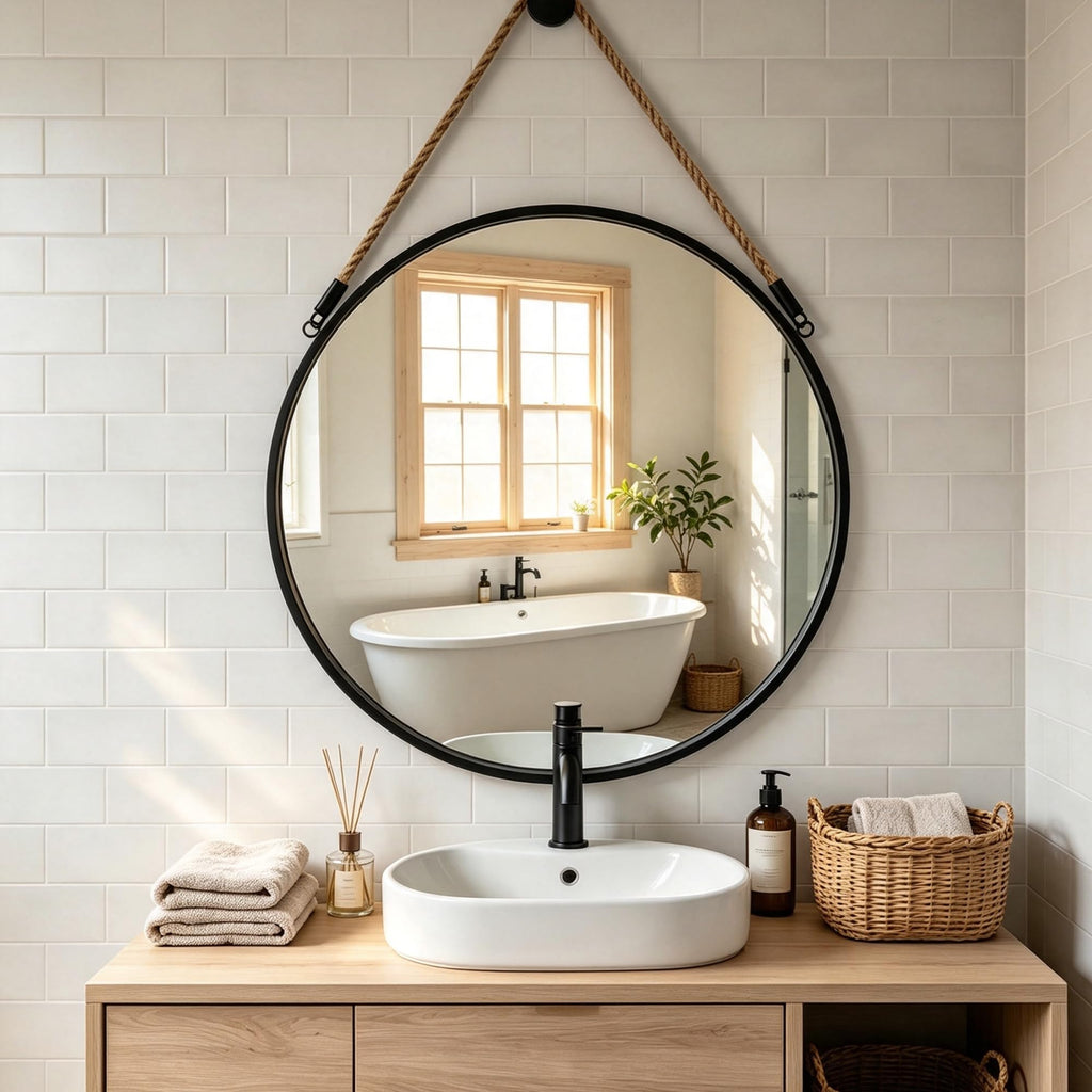 30" Large Round Hanging Mirror, Circle Wall Mirror with Jute Rope