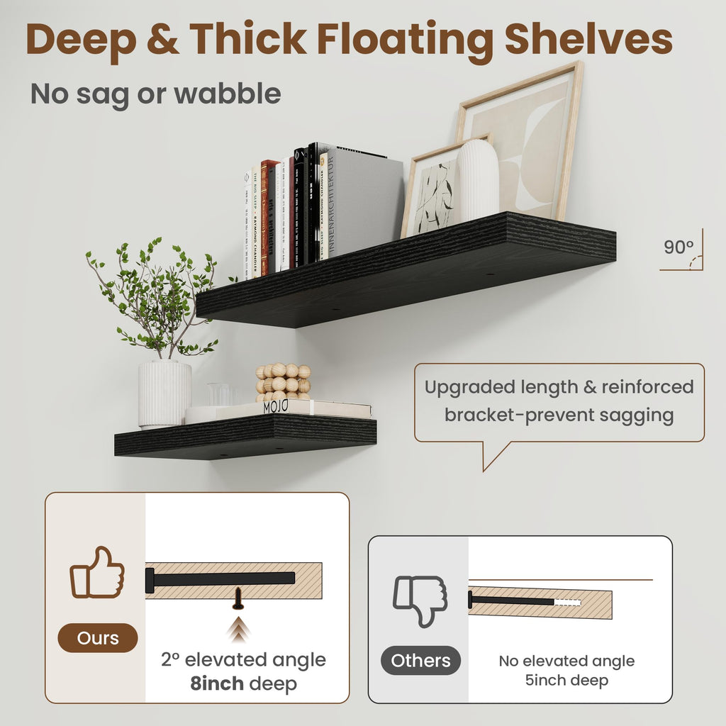30 Inch Floating shelves for Wall, 8 Inch Deep, Invisible Brackets, Black