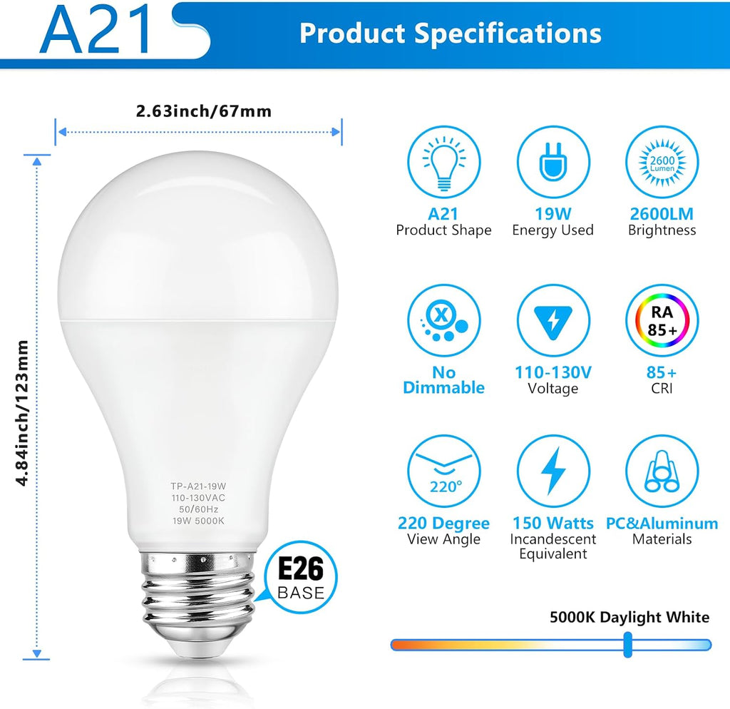 A21 LED Light Bulbs, 150W Equivalent 5000K Daylight White