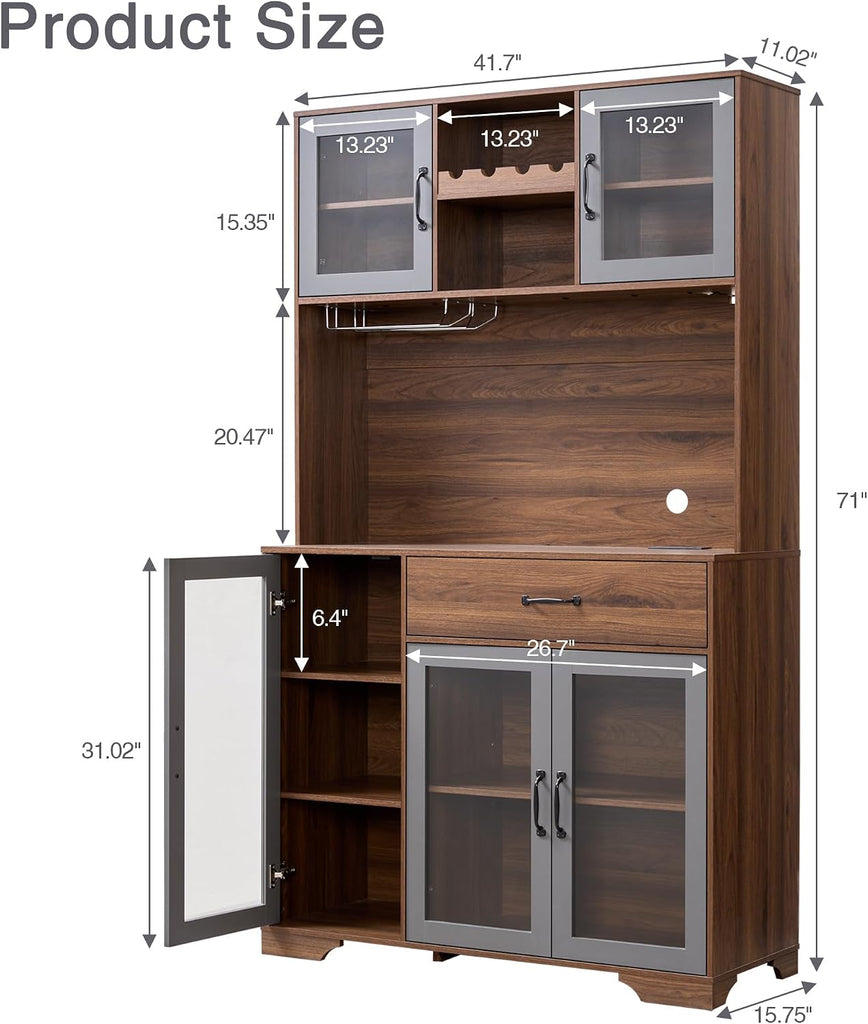 71" Tall Pantry Cabinet with Glass Doors, Kitchen Hutch Storage Cabinet, Coffee Bar & Liquor Cabinet with Charging