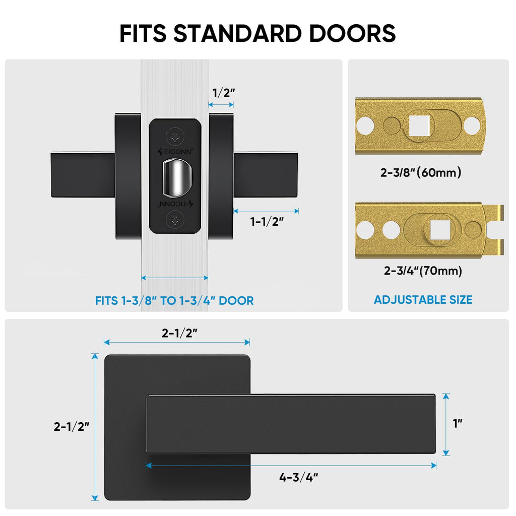 1PK Matte Black Door Handles Interior, Reversible Square Door Levers Knob (No Lock, 1PK Passage)