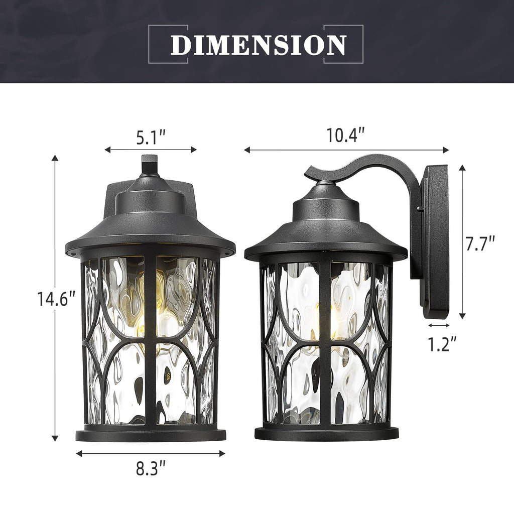 14.6 Inch Outdoor Porch Light, Farmhouse 1-Light Outdoor Wall Sconce, Die-Cast Aluminum in Black Finish, Clear Water