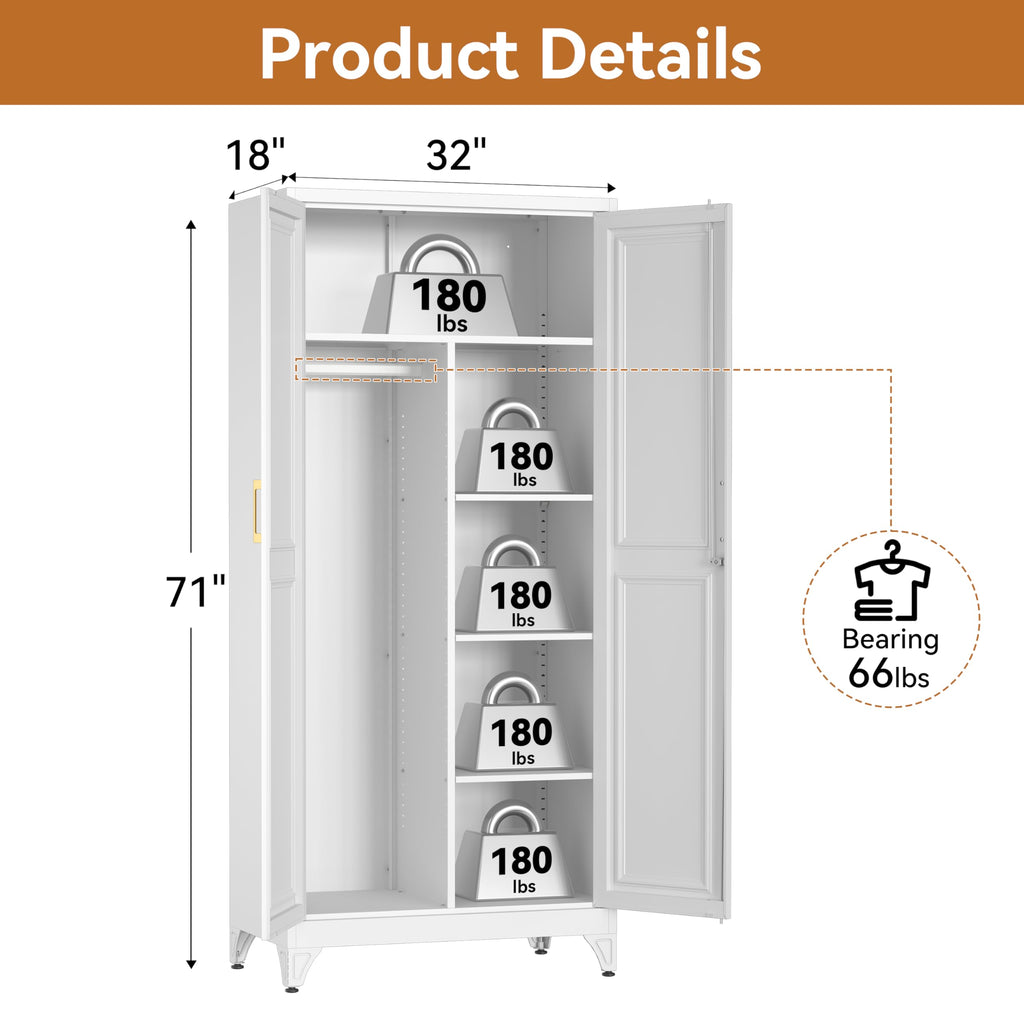 71" Tall Metal Armoire Wardrobe Closet with Doors and Lock