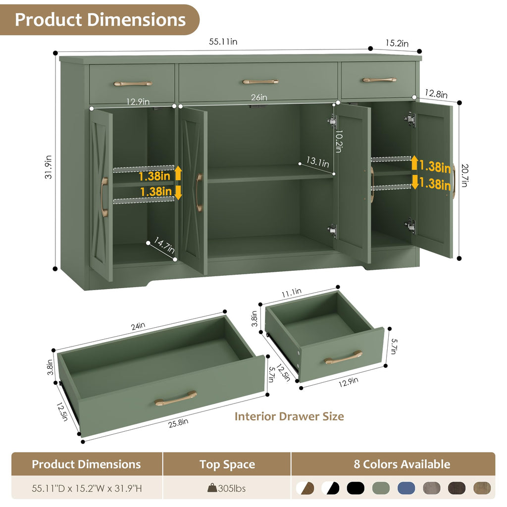 Kitchen Buffet Sideboard Storage Cabinet, Coffee Bar Cabinet, Green