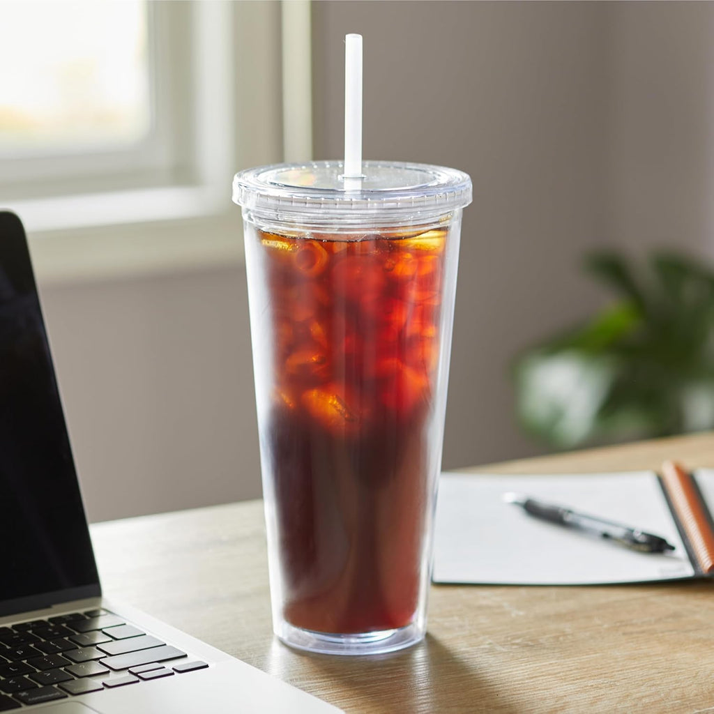 24oz Double Wall Plastic Tumblers with Lids and Straws | Large Classic Travel Tumbler | 6 Pack Set of 6 | Clear