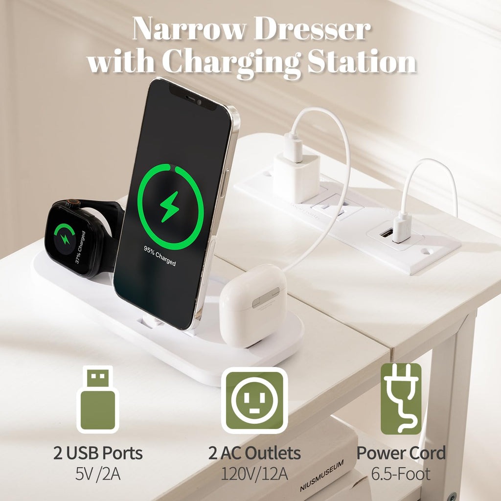 Narrow Nightstand with Charging Station, LED Tall Narrow Side Table