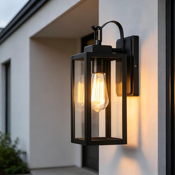 Outdoor Wall Lantern, Matte Black Clear Glass Sconce