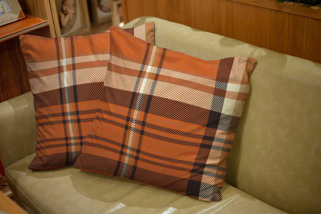 Orange Brown Tartan Plaid Checkered Pillow Covers 24x24 Set of 2