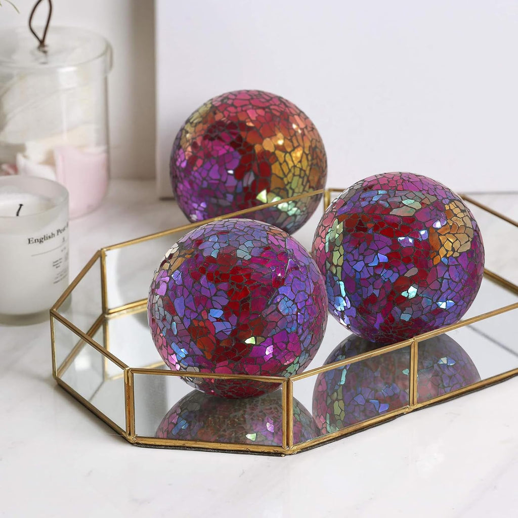 Mosaic Glass Orbs Decorative Balls 8.5cm/3.35inch Sphere Wedding Party Home Decor Table Centerpiece (Colorful - Set of 3