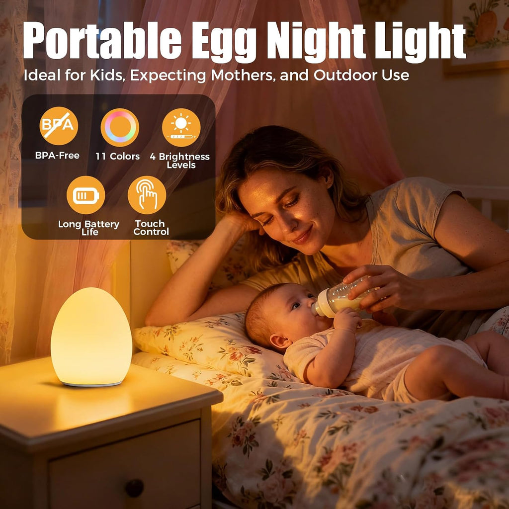 Baby Night Light, Silicone Egg Light for Kids, Portable Touch Night Lamp with 11 Colors Changing, Nursery Night Light