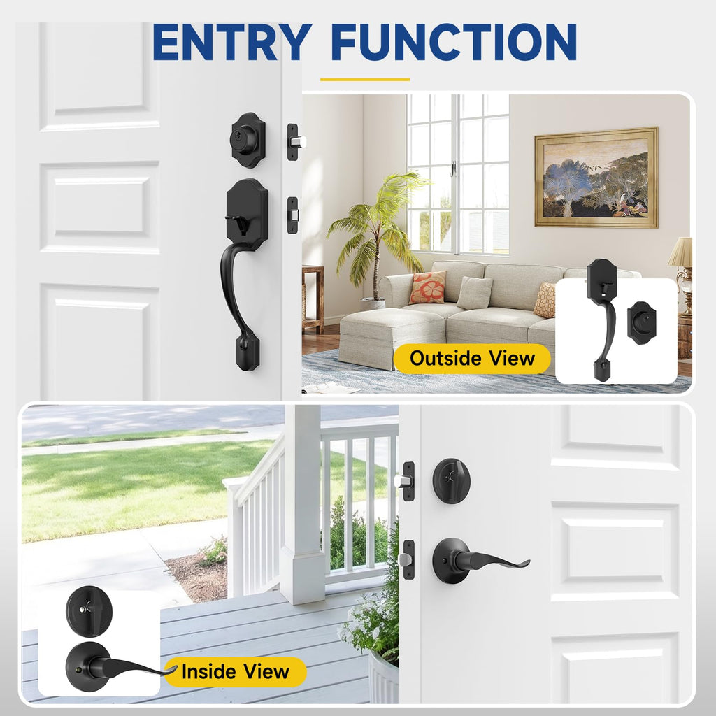 Front Door Lock Set, Front Door Handle and Deadbolt Set, Exterior Door Handle with Single Cylinder Deadbolt Lock