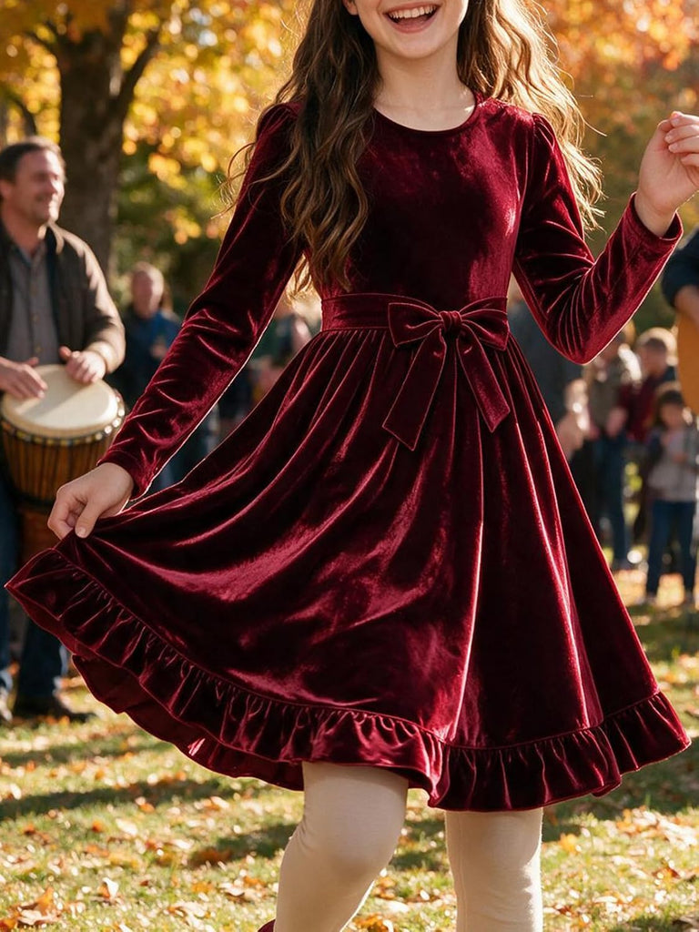 Christmas Velvet Dress Long Sleeve Bow Belt Crewneck Fall Winter Princess Wedding Flower Girl Outfit