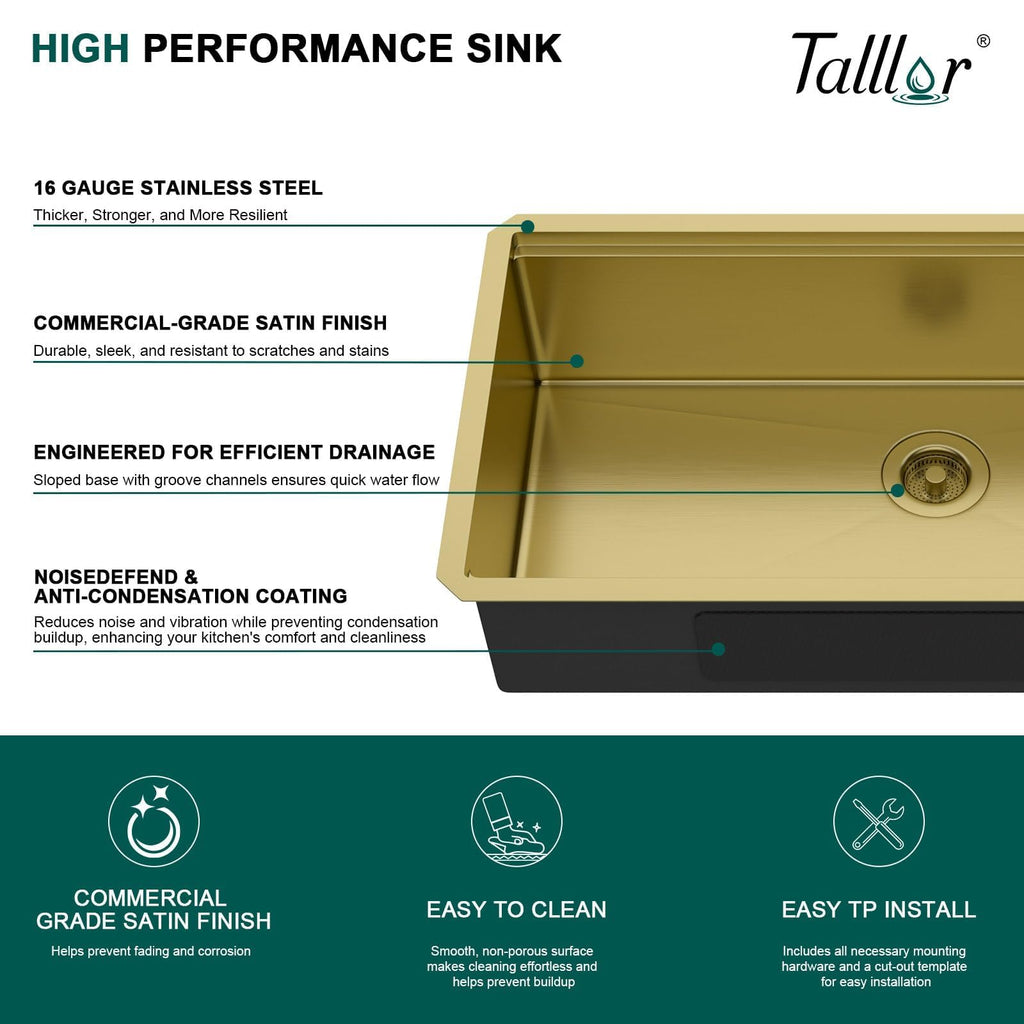 32"x19" Gold Undermount Kitchen Sink, Workstation All-In One Gold 16 Gauge Stainless Steel Under Counter Single