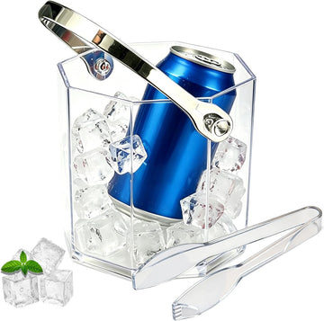 Crystal Ice Bucket with Handle & Tongs-1.1 L Plastic Clear Champagne Ice Buckets for Parties, Beer, Wine, Drinks - Set of 2