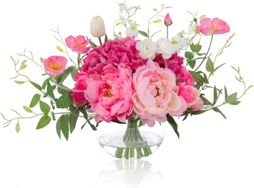 Artificial Flowers in Vase, Silk Hydrangea Bouquet and Peonies Artificial Flowers Table Centerpieces with Faux Water