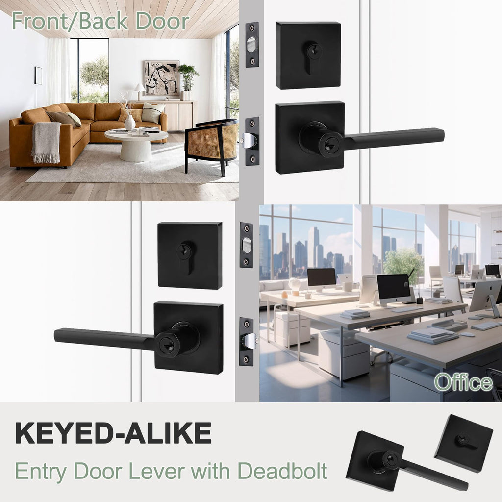 Keyed Alike Entry Door Lever with Single Cylinder Deadbolt, 3 Sets