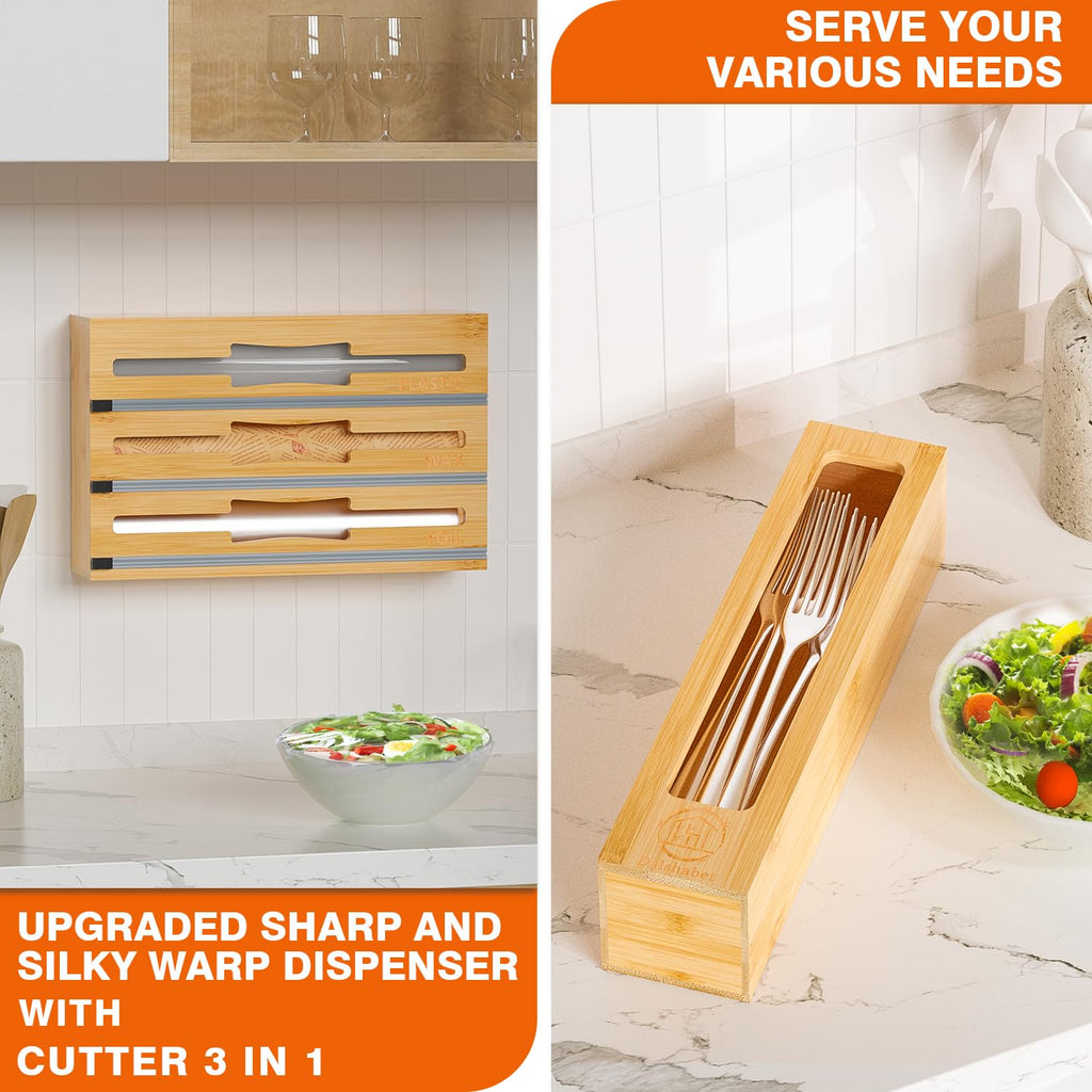 9-in-1 Bamboo Kitchen Drawer Organizer for Storage Bags and Wrap