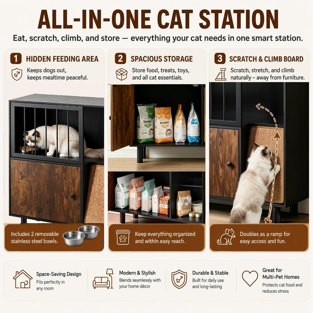 Dog Proof Cat Feeding Station with Storage Cabinet, 2 Raised Stainless Steel Bowls, Elevated Cat Feeding Station
