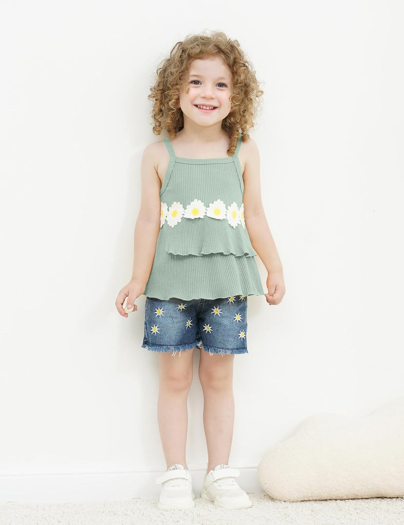 Toddler Girl Clothes Ruffle Daisy Sleeveless Tank Tops and Denim Shorts Girls Summer Outfits