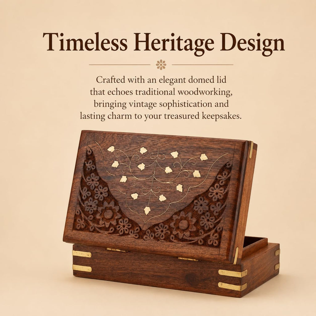 Wooden Jewellery Box Brass Inlay Hand Carved Keepsake Chest 8x5