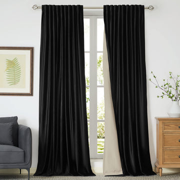 100% Blackout Black Velvet Curtains 90 inch Long, Elegant 2 Panels Back Tab Thermal Insulated Room Darkening Curtain
