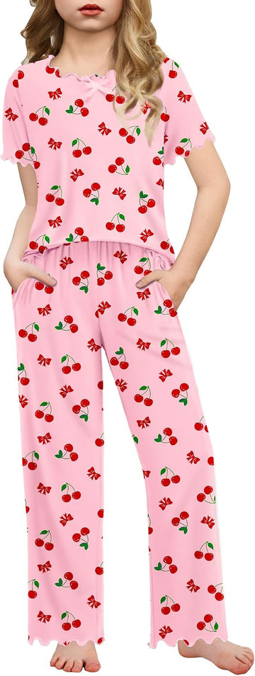 Girls Pajamas Short Sleeve Long Pant Sleepwear Soft Shirring Pjs