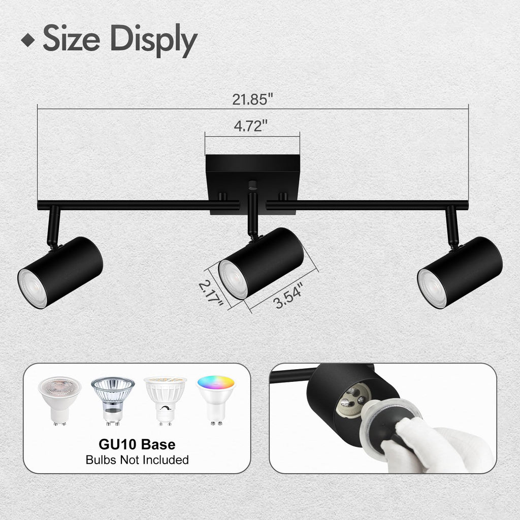 3 Light Track Lighting Fixtures Ceiling, Black LED Track Lighting Kit, Modern Kitchen Track Lights with Rotatable