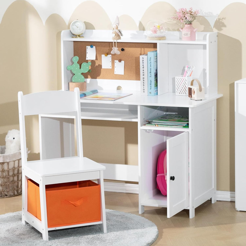 Wooden Kid's Study Desk and Chair Set w/Bookshelf, Corkboard & Storage Bin