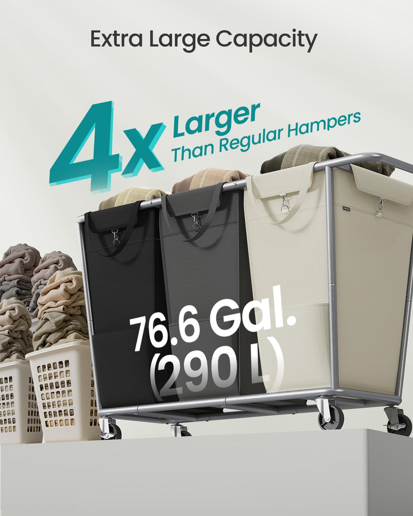 3-Section Laundry Basket with Wheels, 76.6 Gallons (290 L) Hamper