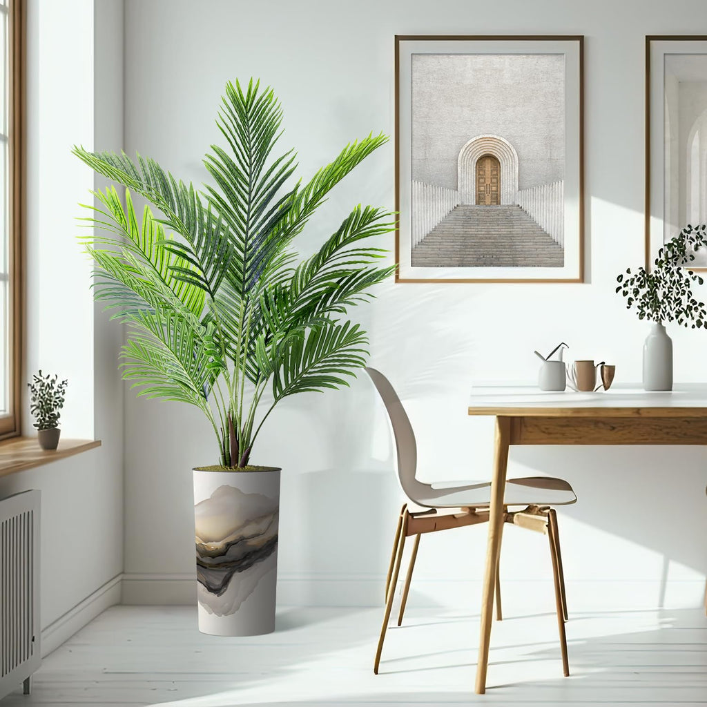 Artificial Tree in Flowing Black & White Smoke Abstract Shapes Planter, Fake Areca Tropical Palm Silk Tree for Indoor