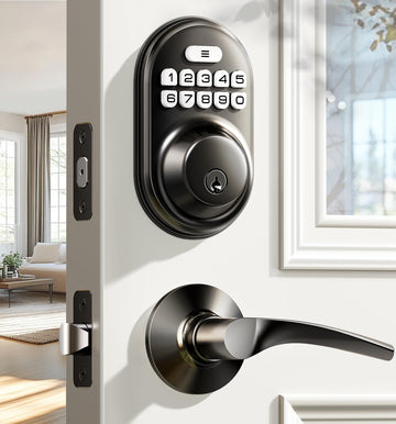 RZ-C Keyless Entry Door Lock with 2 Lever Handles, Matte Black