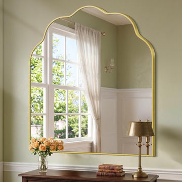 Large Gold Arched Mirror, 36×40Inch Scalloped Mirror, Wavy Wall Mounted Vanity Mirror with Aluminum Alloy Frame
