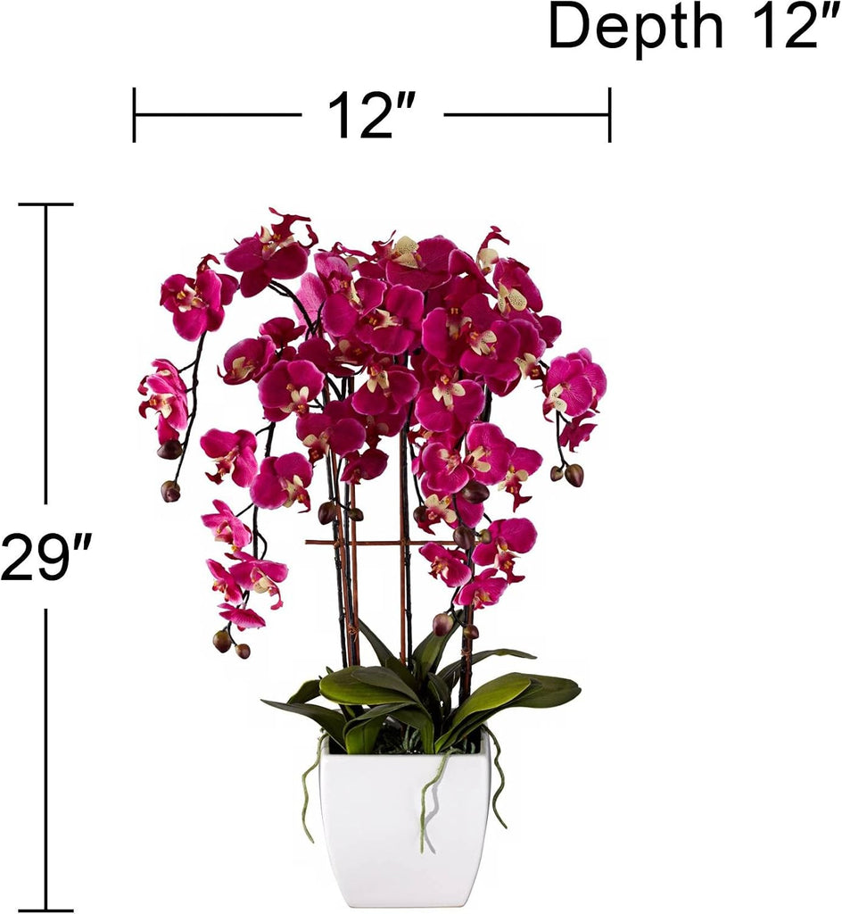 Potted Silk Faux Artificial Flowers Arrangements Realistic Purple Fuchsia Orchid in White Ceramic Pot for Cottage