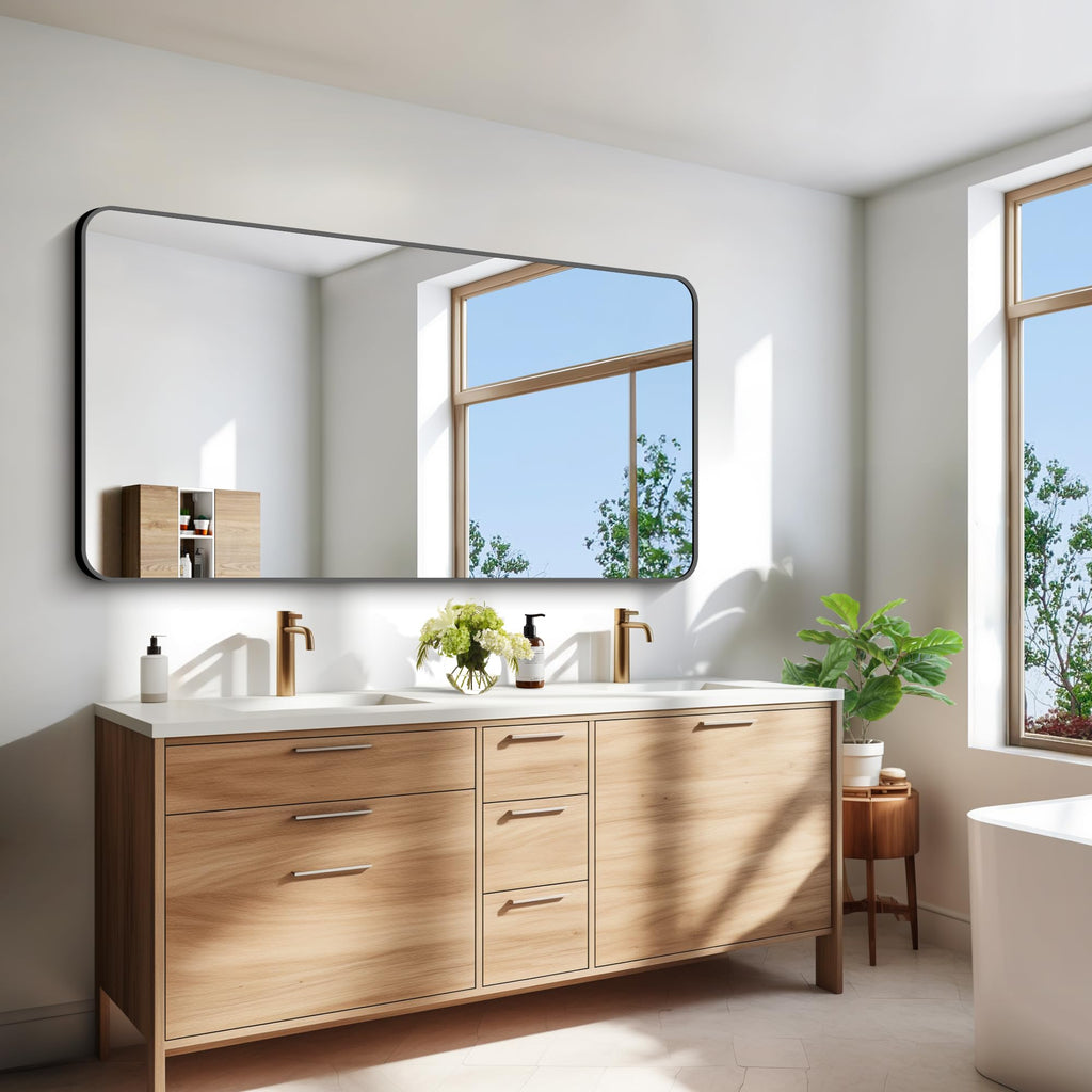 30x60 inch Bathroom Mirror,Black Rectangle Mirror,Wall Mounted Bathroom Frame Vanity Mirror with Round Corner Living