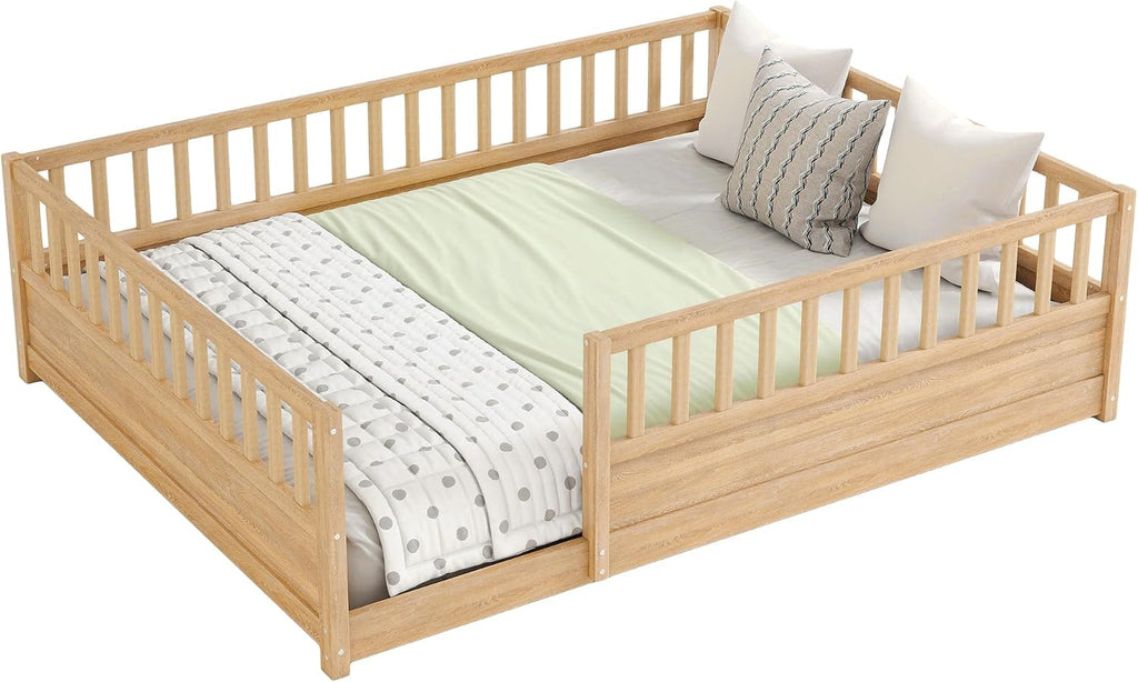 Floor Bed Frame with 21.4" High Fence, Solid Wood Montessori Floor Bed for Kids, Low to Ground