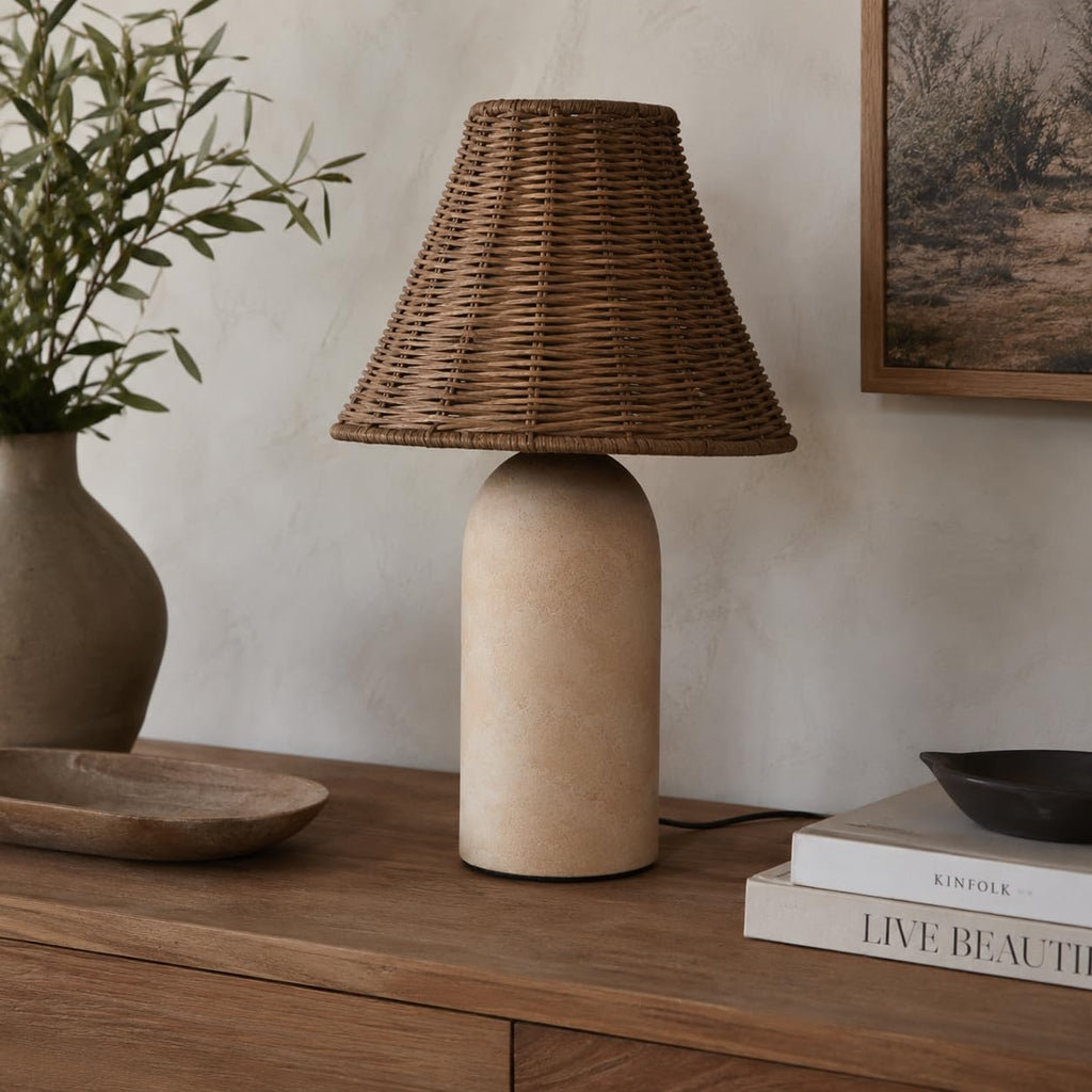 14" Small Mini Wicker Table Lamp - Handmade Ceramic Base with Rattan Shade, Dimmable Nightstand or Accent Light for