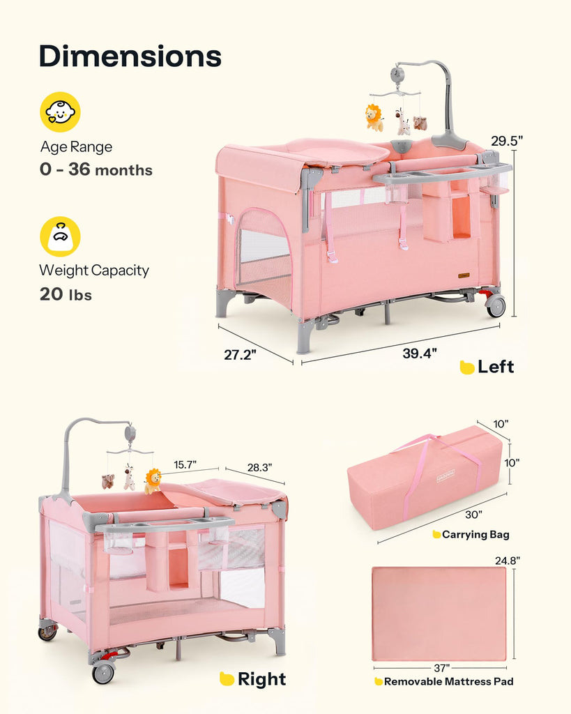 6 in 1 Play Yard with Bedside Bassinet, Foldable Playard